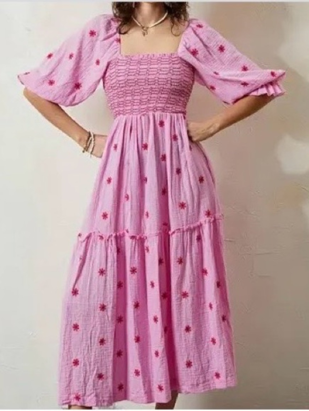 Pink Embroidered Maxi Dress with Puff Sleeves